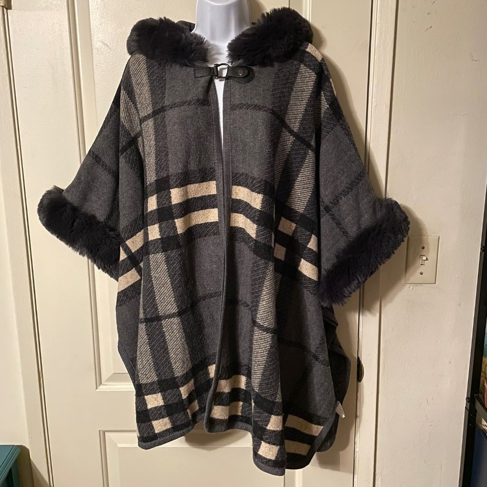 Grey Cream & Black Plaid Hooded Cape with Faux Fur Trim One Size